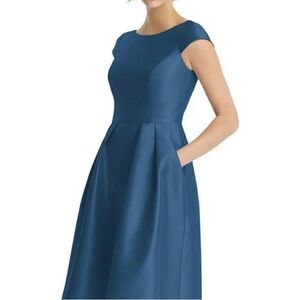 ALFRED SUNG Dusk Blue Cap-Sleeve Midi Dress with Pockets